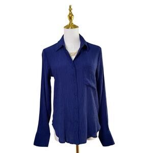 50th Street Petite Navy Blue Crinkle Long Sleeve Button Front Blouse Size PS